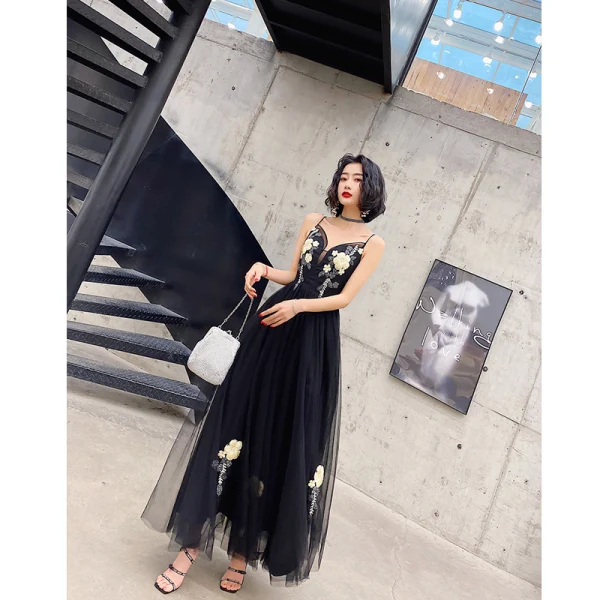 Chic / Beautiful Black Prom Dresses 2022 A-Line / Princess Spaghetti Straps Lace Flower Sleeveless Backless Floor-Length / Long Prom Formal Dresses