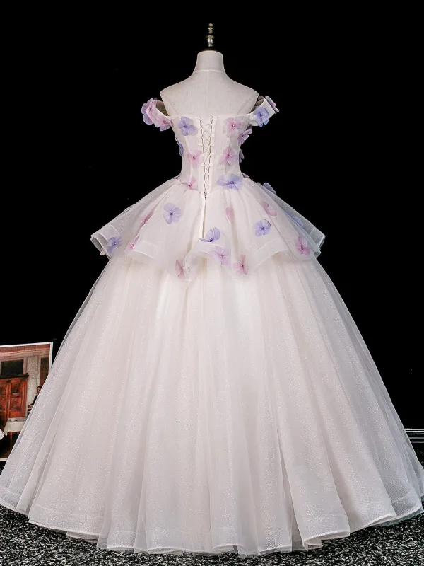 Blumenfee Weiß Perle Applikationen Ballkleider 2026 Ballkleid Off Shoulder Kurze Ärmel Rückenfreies