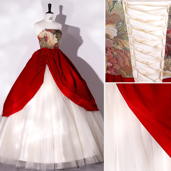 Vintage / Retro Burgundy Printing Prom Dresses 2022 Ball Gown Strapless Sleeveless Backless Floor-Length / Long Prom Formal Dresses