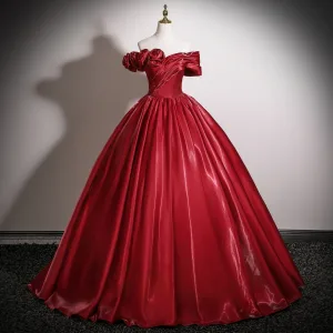 Élégant Rouge Fleur Robe De Bal 2025 Robe Boule De L Épaule Manches Courtes Dos Nu Longue Robe De Ceremonie