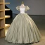 Elegant Sage Green Satin Prom Dresses 2023 Ball Gown Square Neckline Puffy Short Sleeve Backless Bow Floor-Length / Long Prom Formal Dresses