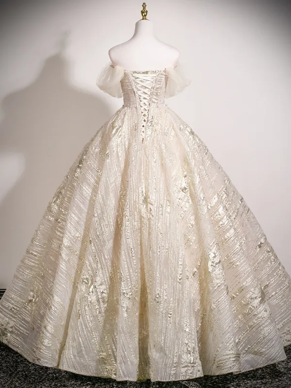 Chic / Beautiful Champagne Beading Sequins Prom Dresses 2025 Ball Gown Off-The-Shoulder Short Sleeve Backless Floor-Length / Long Prom Formal Dresses