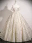 Chic / Beautiful Champagne Beading Sequins Prom Dresses 2025 Ball Gown Off-The-Shoulder Short Sleeve Backless Floor-Length / Long Prom Formal Dresses