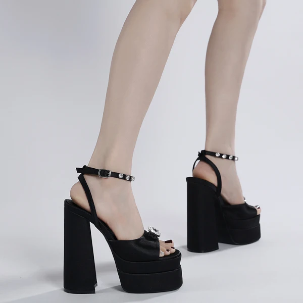Fashion Black Cocktail Party Evening Party Rhinestone Womens Sandals 2023 Ankle Strap 14 cm Stiletto Heels Waterproof Open / Peep Toe Sandals High Heels