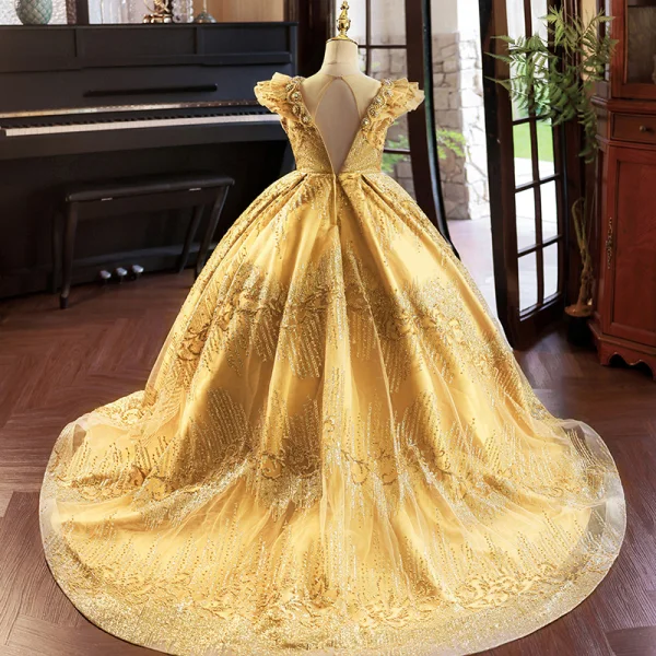 High-end Gold Beading Pearl Rhinestone Sequins Birthday Flower Girl Dresses 2023 Ball Gown Scoop Neck Sleeveless Court Train Flower Girl Dresses