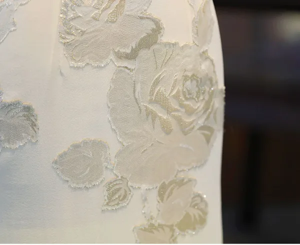 Chinese style Ivory Glitter Printing Evening Party Silk Tea-length Cheongsam / Qipao 2024 Trumpet / Mermaid High Neck Short Sleeve