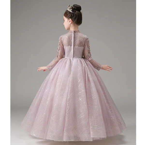 Chic / Beautiful Lavender Beading Lace Flower Sequins Birthday Flower Girl Dresses 2023 A-Line / Princess High Neck Long Sleeve Floor-Length / Long Flower Girl Dresses