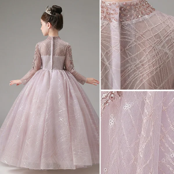 Chic / Beautiful Lavender Beading Lace Flower Sequins Birthday Flower Girl Dresses 2023 A-Line / Princess High Neck Long Sleeve Floor-Length / Long Flower Girl Dresses