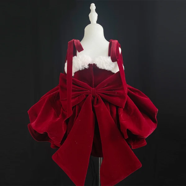 Lovely Christmas Burgundy Velvet Short Flower Girl Dresses 2024 Spaghetti Straps Sleeveless Backless Bow