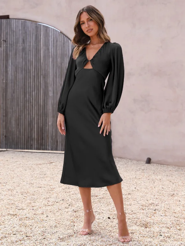 Sexy Dark Green Holiday Beach Satin Women Dresses 2023 Deep V-Neck Long  Sleeve Backless Lace Up Tea-length Womens Clothing