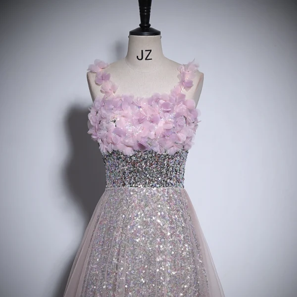 Bling Bling Blushing Pink Pearl Sequins Appliques Prom Dresses 2024 A-Line / Princess Spaghetti Straps Sleeveless Backless Floor-Length / Long Prom Formal Dresses