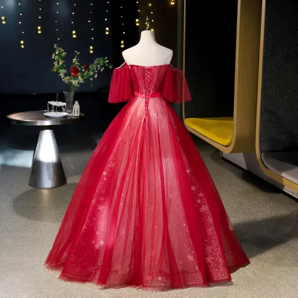Chic Beautiful Red Rhinestone Star Sequins Prom Dresses 2023 A Line Princess Off The Shoulder Short Sleeve Backless Floor Length Long Prom Formal Dresses