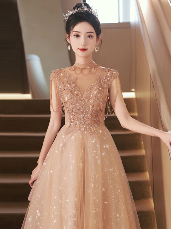 Charming Champagne Beading Tassel Sequins Evening Dresses 2023 A-Line / Princess Scoop Neck Backless Short Sleeve Floor-Length / Long Evening Party Formal Dresses