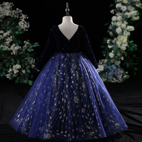 Vintage / Retro Navy Blue Glitter Sequins Birthday Flower Girl Dresses 2024 Ball Gown Scoop Neck Long Sleeve Backless Floor-Length / Long
