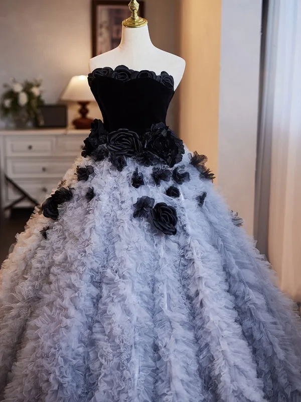 Fashion Black Appliques Pleated Prom Dresses 2024 Ball Gown Strapless Sleeveless Backless Sweep Train Prom Formal Dresses