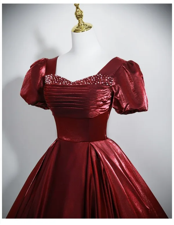 Vintage / Retro Burgundy Beading Velvet Prom Dresses 2025 Ball Gown Square Neckline Short Sleeve Backless Floor-Length / Long Formal Dresses