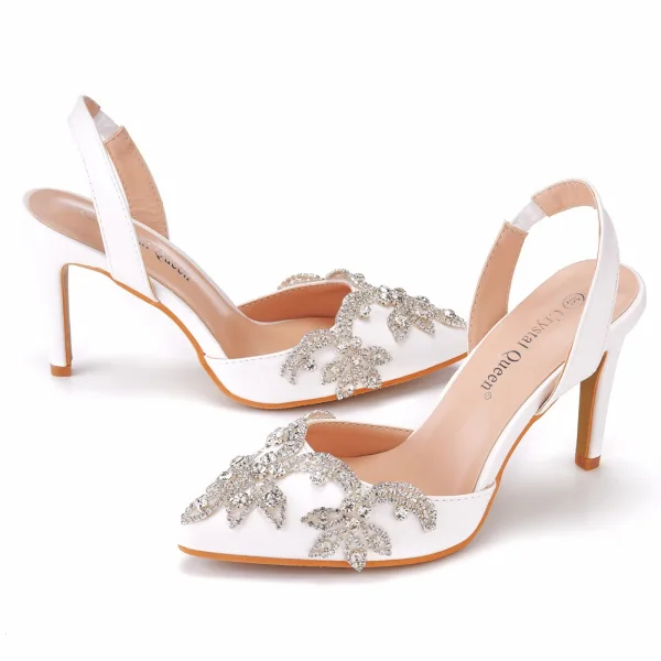 Charmant Blanche Faux Diamant Chaussure De Mariée 2022 9 cm Talons Aiguilles À Bout Pointu Mariage Talons Hauts