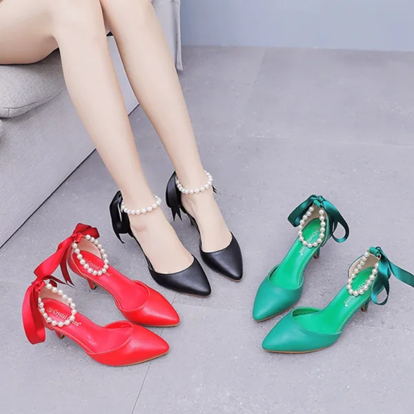 Sexy Black Pearl Ankle Strap Evening Party Womens Shoes 2024 7 cm Stiletto Heels Pointed Toe High Heels