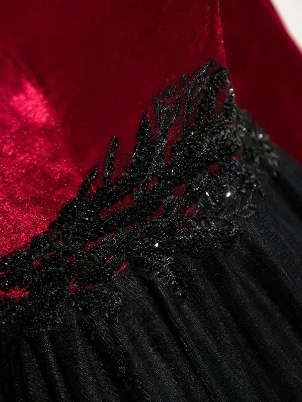 Vintage / Retro Burgundy Beading Velvet Prom Dresses 2025 A-Line / Princess Scoop Neck Long Sleeve Floor-Length / Long Formal Dresses