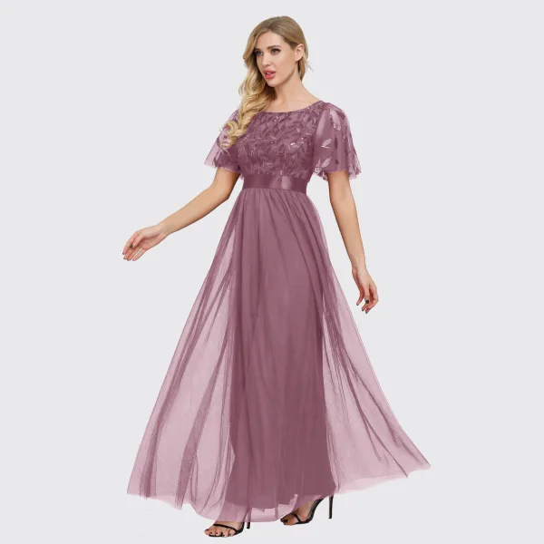 Vintage / Retro Navy Blue Lace Flower Sequins Prom Dresses 2023 A-Line / Princess Scoop Neck Short Sleeve Floor-Length / Long Prom Formal Dresses