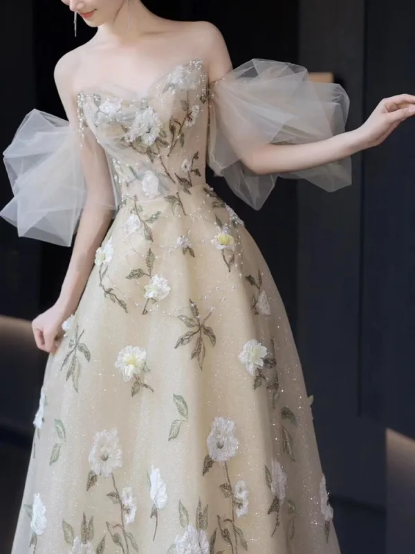 Glamorous Champagne Glitter Sequins Printing Prom Dresses 2025 A-Line / Princess Off-The-Shoulder Short Sleeve Backless Floor-Length / Long Prom Formal Dresses