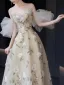 Glamorous Champagne Glitter Sequins Printing Prom Dresses 2025 A-Line / Princess Off-The-Shoulder Short Sleeve Backless Floor-Length / Long Prom Formal Dresses