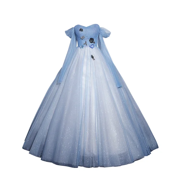 Charmant Himmelblau Perlenstickerei Pailletten Ballkleider 2023 A Linie Off Shoulder Kurze Ärmel Rückenfreies Lange Ball Festliche Kleider