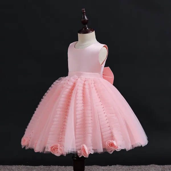 Charmant Rougissant Rose Anniversaire Volants en Cascade Robe Ceremonie Fille 2023 Robe Boule Encolure Dégagée Sans Manches Appliques Noeud Longue Robe Ceremonie Fille