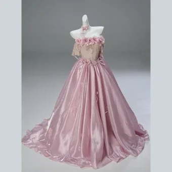 High End Godis Rosa Beading Appliqués Spets Blomma Balklänningar 2025 Balklänning Av Axeln Korta Ärm Halterneck Svep Tåg Bal Formella Klänningar