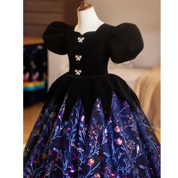 Vintage / Retro Black Sequins Lace Flower Birthday Flower Girl Dresses 2025 Ball Gown Square Neckline Puffy Short Sleeve Backless Floor-Length / Long