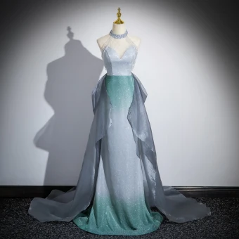 Charming Mint Green Beading Glitter Sequins Prom Dresses 2024 Trumpet Mermaid Halter Sleeveless Backless Sweep Train Prom Formal Dresses