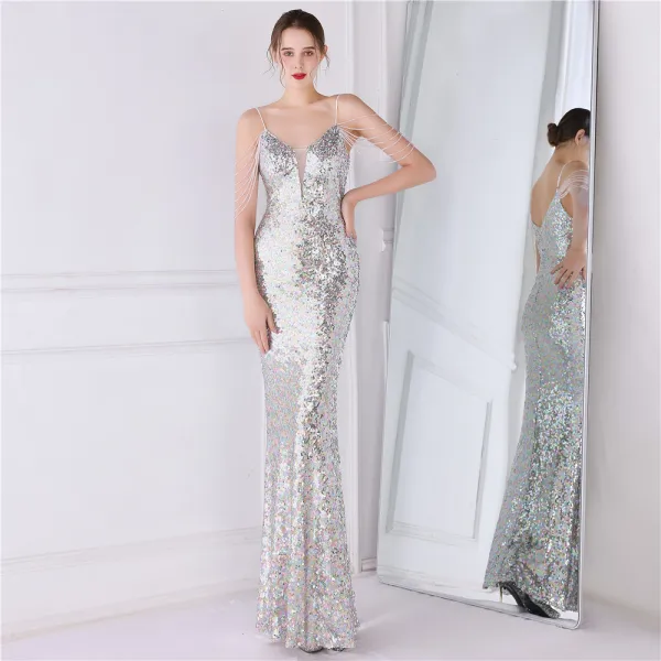Scintillantes Blanche Laser Paillettes Robe De Soirée 2022 Trompette / Sirène Bretelles Spaghetti Sans Manches Dos Nu Perlage Longue Soirée Robe De Ceremonie