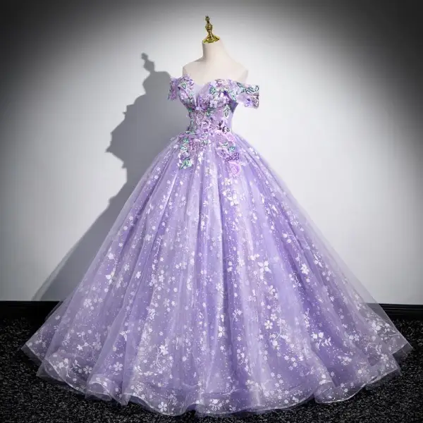 Flower Fairy Lavender Appliques Sequins Prom Dresses 2024 Ball Gown Off-The-Shoulder Short Sleeve Backless Floor-Length / Long Prom Formal Dresses