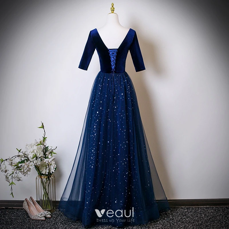 Vintage Retro Navy Blue Star Sequins Floor-Length Long Mother Of The Bride Dresses 2025