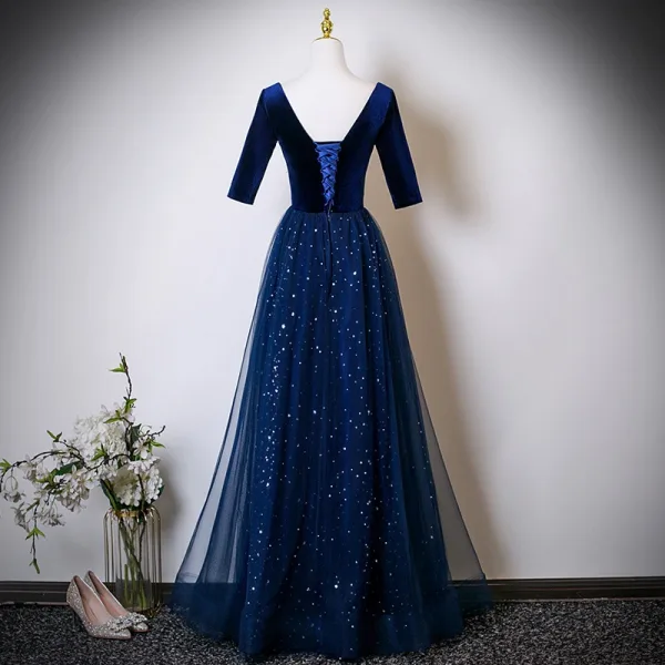 Vintage Retro Navy Blue Star Sequins Floor Length Long Mother Of The Bride  Dresses 2025 A Line Princess Square Neckline Short Sleeve Backless