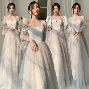 Modest Simple Grey Spotted Bridesmaid Dresses 2022 A Line Princess Puffy Short Sleeve Backless Floor Length Long Bridesmaid Formal Dresses Bridesmaid Dresses