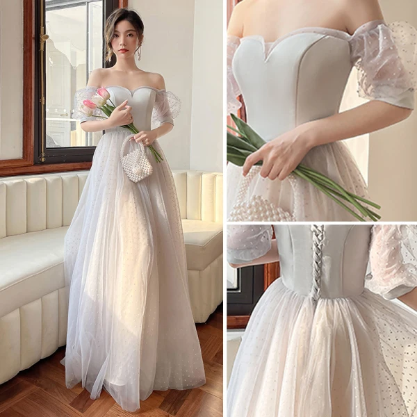 Modest / Simple Grey Spotted Bridesmaid Dresses 2022 A-Line / Princess Puffy Short Sleeve Backless Floor-Length / Long Bridesmaid Formal Dresses Bridesmaid Dresses