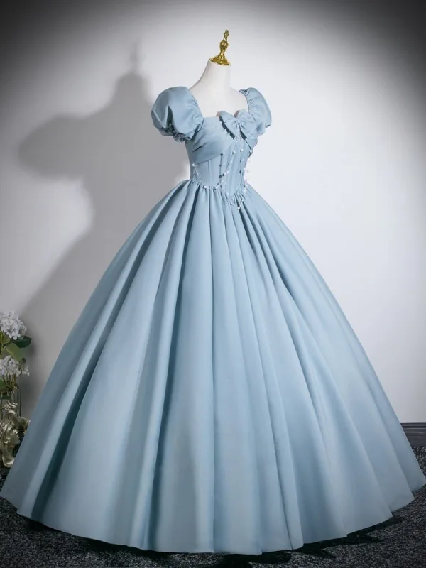 Élégant Bleu Ciel Noeud Robe De Bal 2026 Robe Boule Encolure Carrée Gonflée Manches Courtes Dos Nu Longue Robe De Ceremonie