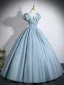 Élégant Bleu Ciel Noeud Robe De Bal 2026 Robe Boule Encolure Carrée Gonflée Manches Courtes Dos Nu Longue Robe De Ceremonie