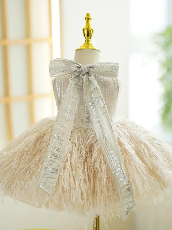 Sparkly Fashion Champagne Sequins Tassel Birthday Short Flower Girl Dresses 2023 Ball Gown Scoop Neck Sleeveless Bow Flower Girl Dresses