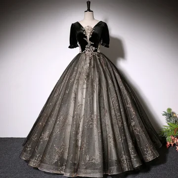 Élégant Noire Daim Robe De Bal 2022 Robe Boule Encolure Dégagée Manches De Cloche Dos Nu Perlage Paillettes Longue Robe De Ceremonie