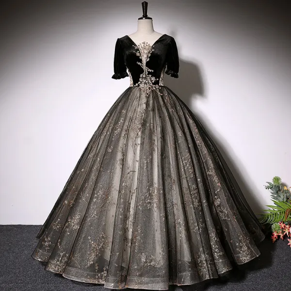 Elegant Black Suede Prom Dresses 2022 Ball Gown Scoop Neck Bell sleeves ...