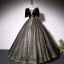 Elegant Black Suede Prom Dresses 2022 Ball Gown Scoop Neck Bell sleeves Backless Beading Sequins Floor-Length / Long Formal Dresses