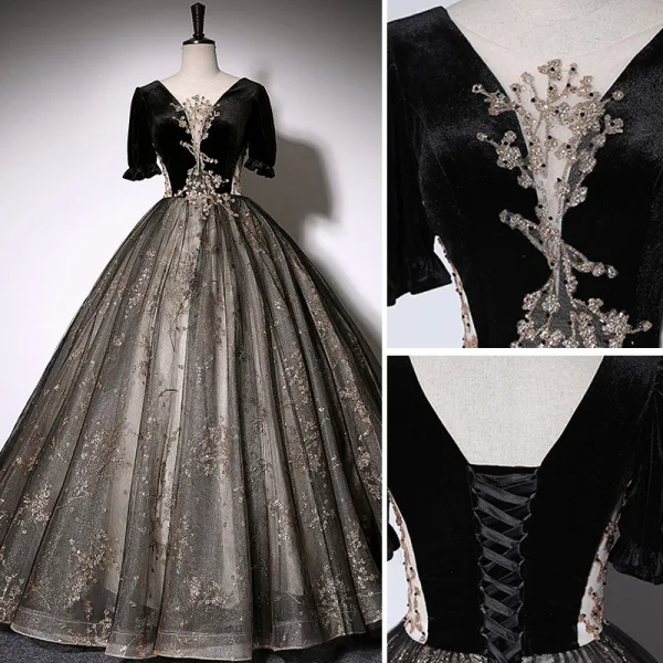 Elegant Black Suede Prom Dresses 2022 Ball Gown Scoop Neck Bell sleeves Backless Beading Sequins Floor-Length / Long Formal Dresses