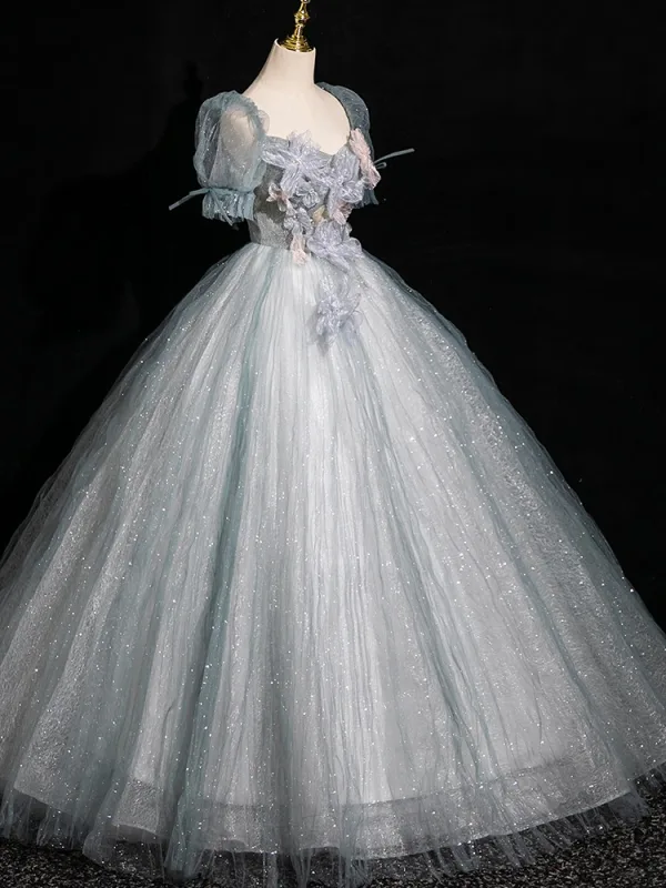 Bling Bling Sky Blue Sequins Appliques Prom Dresses 2024 Ball Gown Square Neckline Short Sleeve Backless Floor-Length / Long Prom Formal Dresses