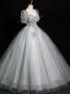 Bling Bling Sky Blue Sequins Appliques Prom Dresses 2024 Ball Gown Square Neckline Short Sleeve Backless Floor-Length / Long Prom Formal Dresses