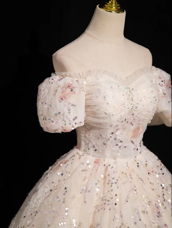 Bling Bling Rougissant Rose Paillettes Robe De Bal 2024 Robe Boule De l'épaule Manches Courtes Dos Nu Longue Promo Robe De Ceremonie