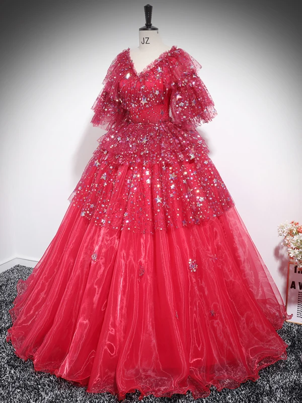 Charming Red Star Sequins Prom Dresses 2024 Ball Gown V-Neck Short Sleeve Backless Floor-Length / Long Prom Formal Dresses