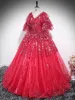 Charming Red Star Sequins Prom Dresses 2024 Ball Gown V-Neck Short Sleeve Backless Floor-Length / Long Prom Formal Dresses