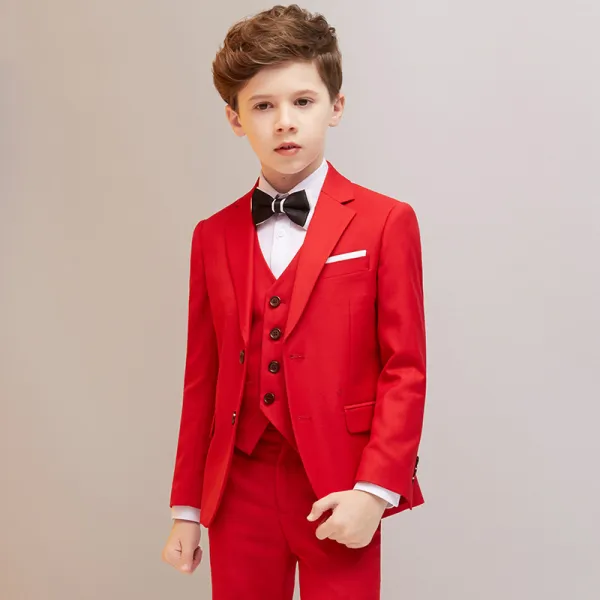 Proste / Simple Czerwone 5 szt Długie Rękawy Garnitur Dla Chłopca 2023 Płaszcz Spodnie Koszula Krawat Kamizelka Chłopięce Garnitury ślubne